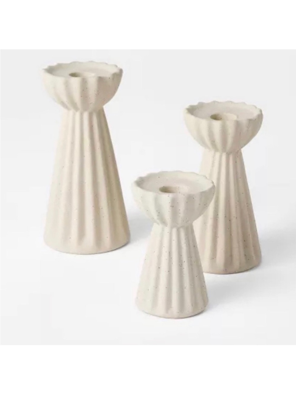 Studio Mcgee 3pc Set Ceramic Ribbed Taper Candle Holders Set Beige Threshold NEW
